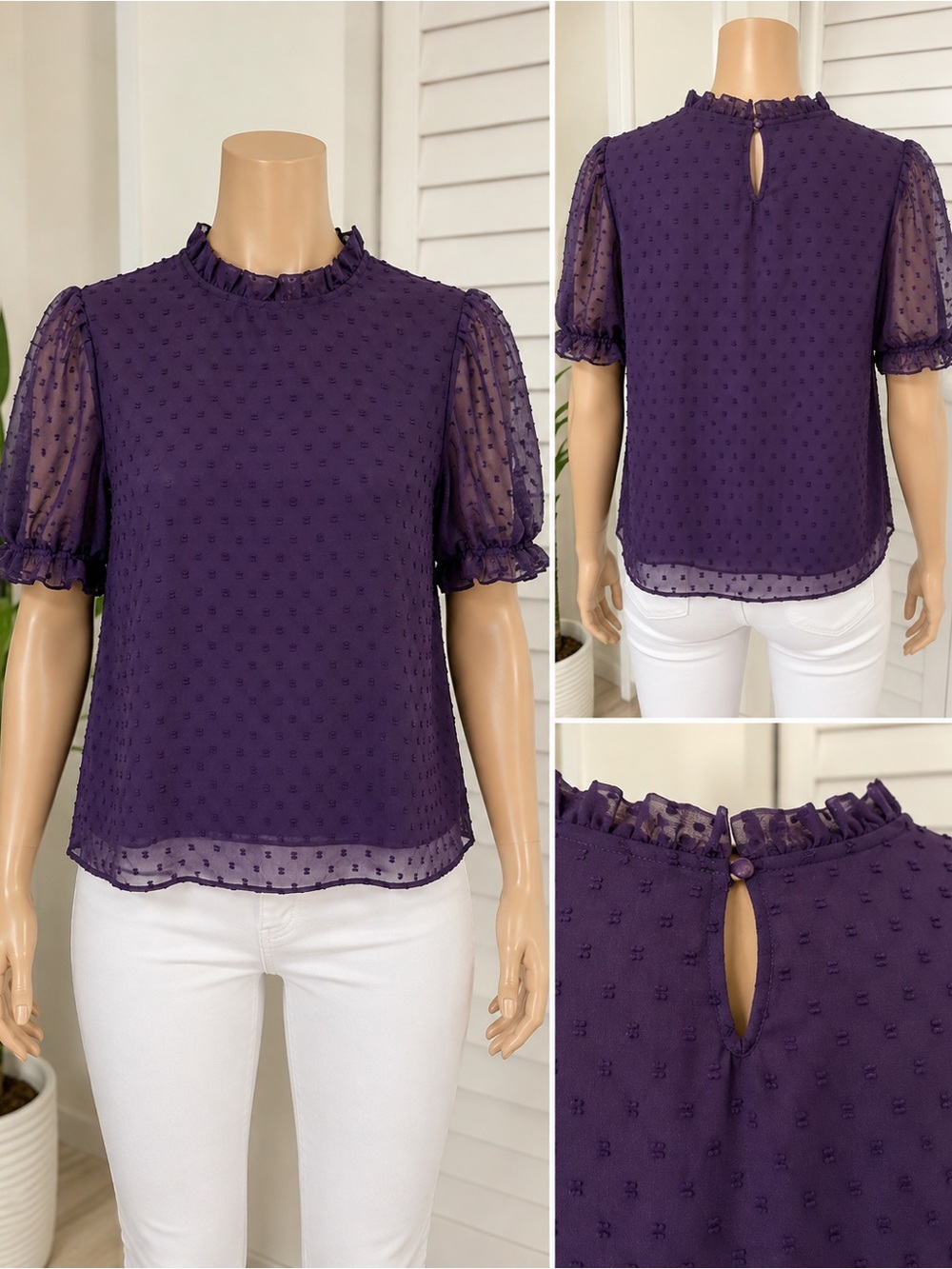 Women's Purple Swiss Dot Puff Sleeve Blouse
